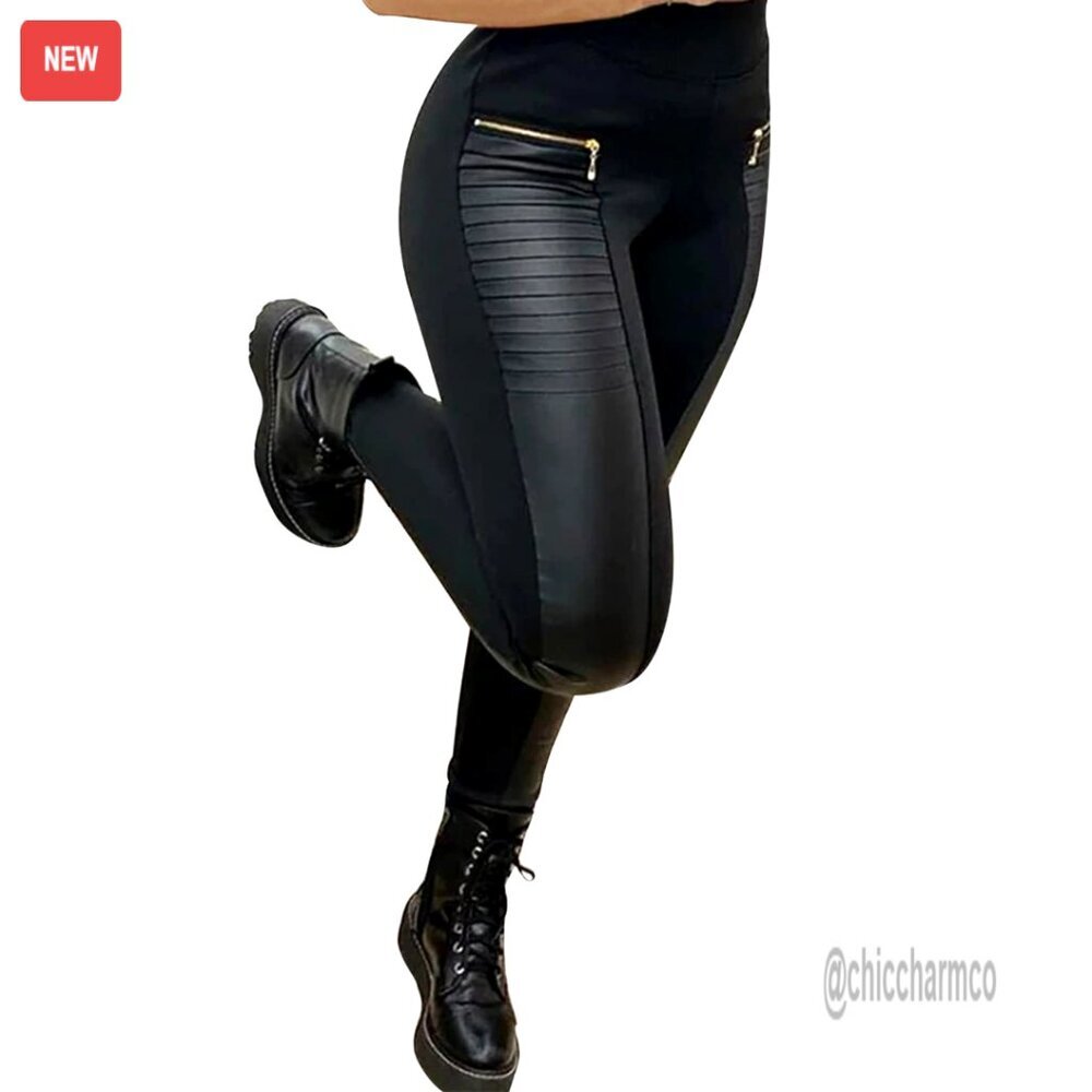 Faux Leather Leggings Zip Patch Elastic Waist Stretchy Pleather Pants